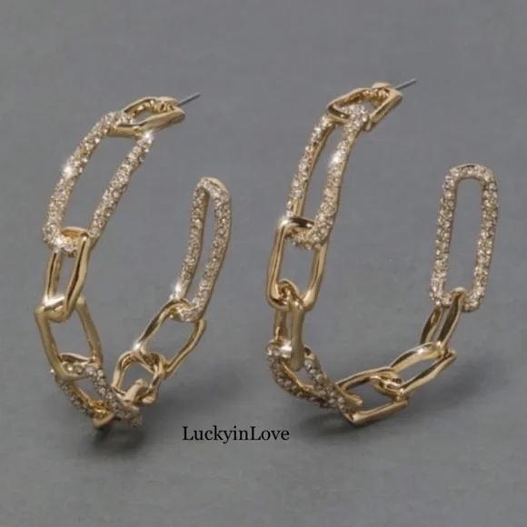 ALEXIS BITTAR NEW Gold Textured Crystal Custom Sculpted Chain Link Hoop Earrings - Picture 11 of 15